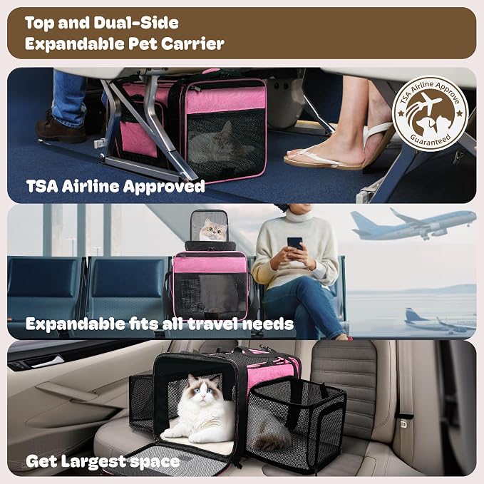 Top and 2 Sides Expandable Cat Carrier 18x11x11, TSA Airline Approved Dog Carriers for Small Dogs, Soft-Sided Pet Carrier with Self-Locking Zippers for Kitten,Rabbit, Puppy, Guinea Pig Pink