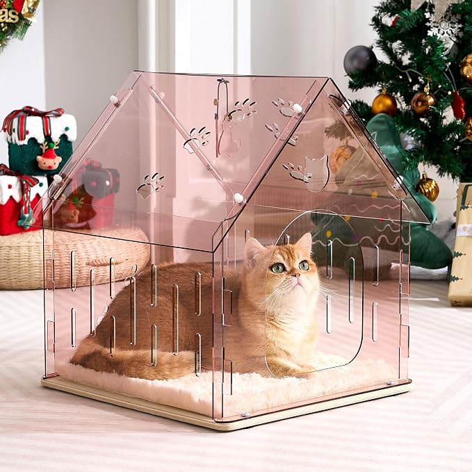 Acrylic Cat House for Indoor Cats, Transparent Cat Bed Cave with Plush Cushion & Hanging Toys, Modern Ventilated Cat Condo with Sturdy Wooden Base for Adult Cats & Kittens up to 15 lbs, Pink