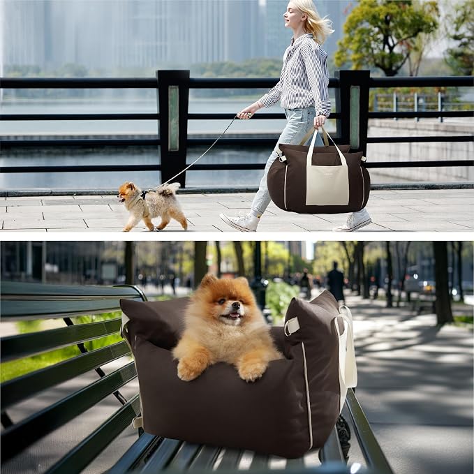 Lesure Dog Car Seat for Small Dogs,Booster Car Bed for Puppy Under 25lbs | Soft Pet Carseat with Clip-On Safety Leash and Thickened Memory Foam Filling,Dog Travel Carrier Bed with Storage Pocket,Brown