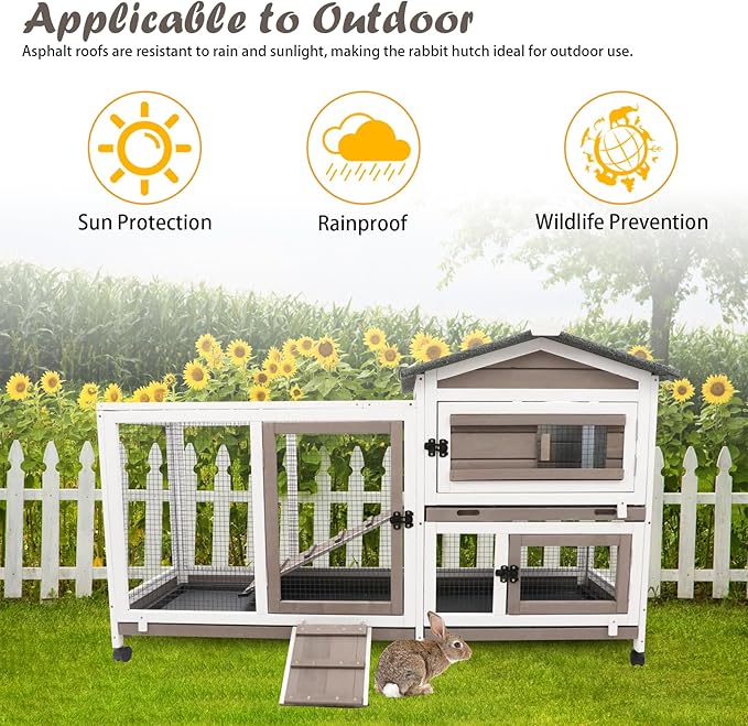 Gowoodhut Rabbit Hutch Indoor Outdoor 2 Story Bunny Cage with 3 No Leak Trays,55.31" L Guinea Pig Cages Rabbit Cage with 6 Wheels for Guinea Pig,Rabbit for Rabbit Lover|Pet Lover(White/Grey)
