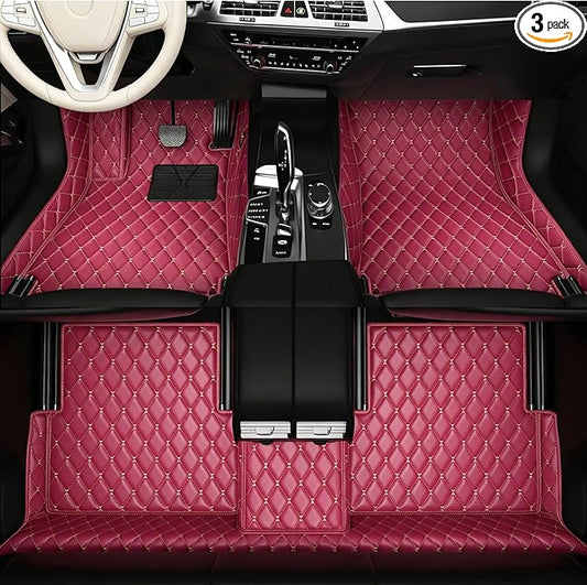 Personalized Text & Image Car Mats, Custom Name or Pet Photo, Luxury Leather Full Set Floor Liners for Most Cars SUVs Trucks - Wine Red