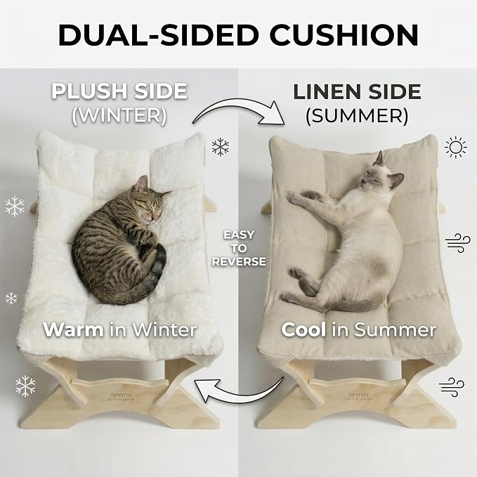 JSPYFITS Elevated Cat Bed Hammock, Raised Cat Bed with Dual-Sided Plush & Linen Cushion, Machine Washable & Breathable Cover Tool Free Easy Assembly, up to 66Lbs (White)