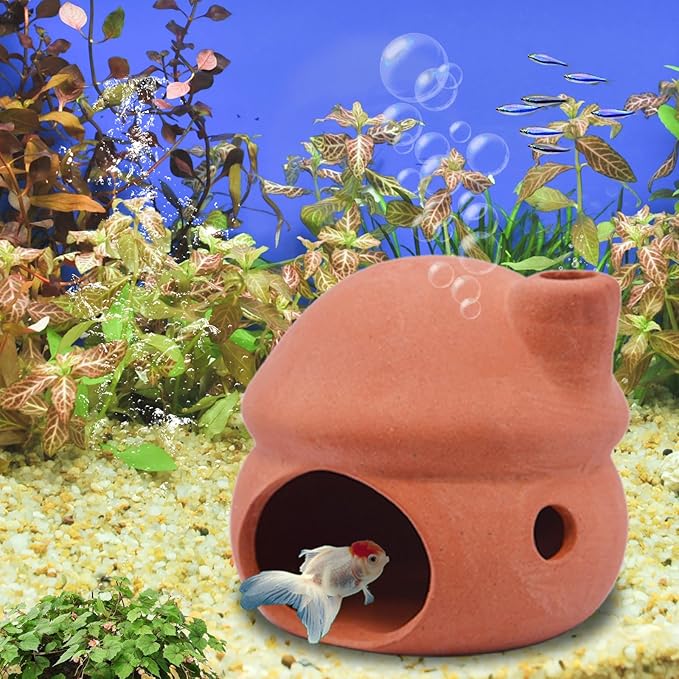 Saim Betta Fish Tank Accessories,Ceramics Mushroom House Aquarium Decorations Hideout Hideaway Spawning Cave Decor for Shrimp Betta Goldfish (No Paint + Betta Leaf Pad+Silicone Plug)