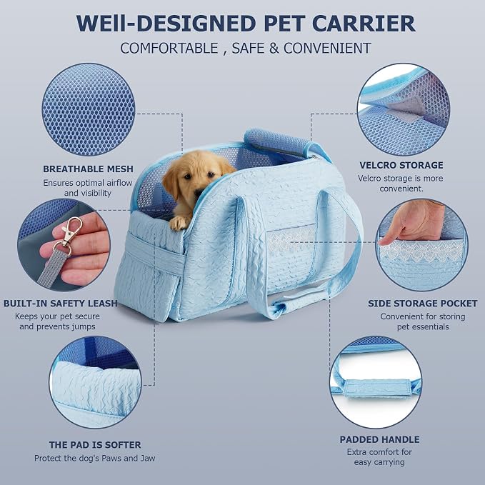 Dog Carrier Tote Bag, Foldable Soft Sided Breathable Mesh Lightweight Travel Handbag with Padded Handles, Lace Decor Portable Pet Purse for Small Puppy Kitten Cat Up to 15 Lbs (Blue)