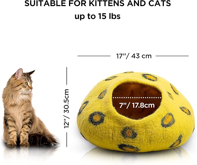 Luxurious Merino Wool Cat Cave - Foldable Hideaway Pod for Indoor Cats - Premium Felt Kitten Pet Enclosure - Covered Cat House for Ultimate Cozy Comfort by Woolygon (Cheetah)