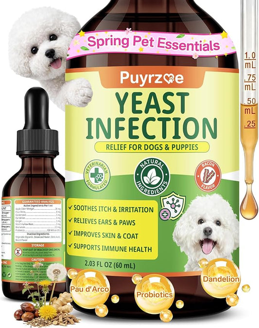 puyrzoe Natural Yeast Infection Treatment for Dogs, Itchy Ears, Skin, Paws & Allergy Relief, Yeast Treatment for Dogs, Supports Gut & Immune Health, Reduces Itching, Irritation & Inflammation, 60ml