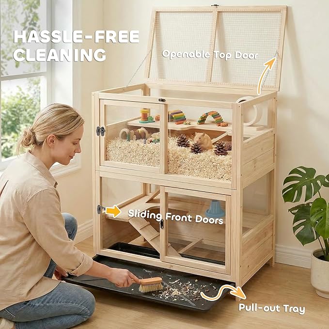 PawHut Wooden Hamster Cage, 4 Tier Small Animal Cage with Mesh Flip Roof, Pull-Out Tray, Huts, Seesaws, Ramps and Water Bottles, Hamster Habitat for Dwarf Syrian Mice Gerbil, 33" x 21" x 36"