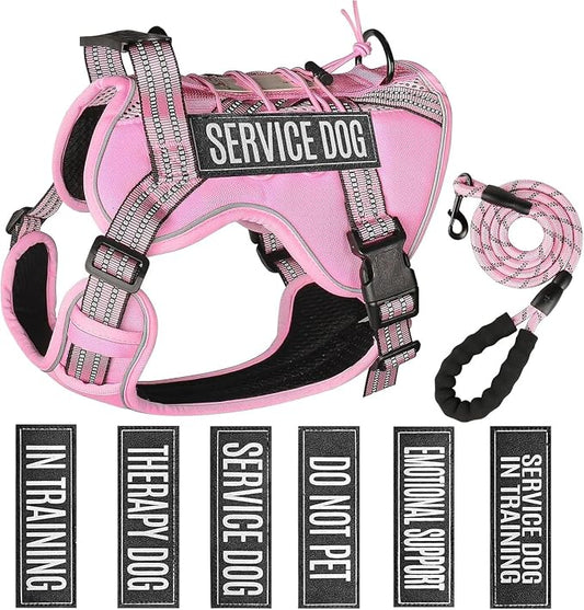 Service Dog Tactical Vest Harness and Leash Set Large Sized Dog Emotional Support- Tactical Dog Harness Training Collar with Name (Pink, XL)