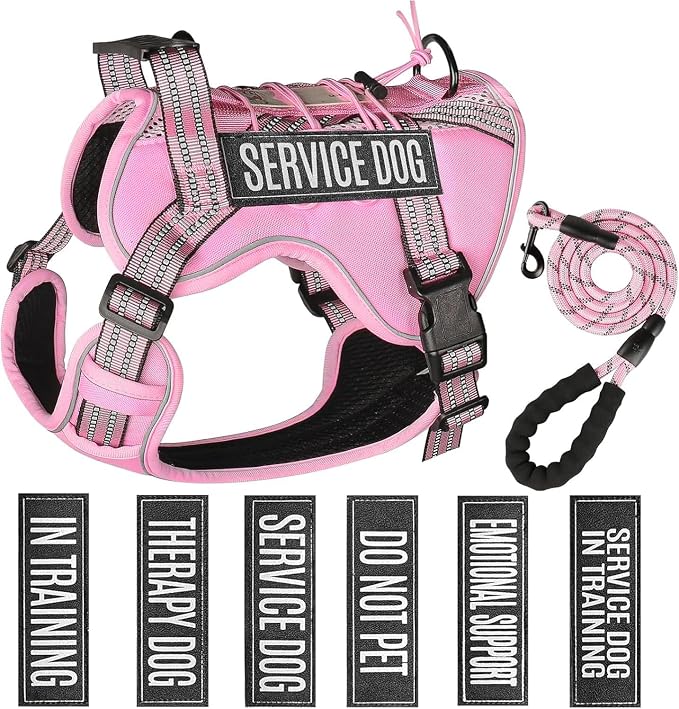 Service Dog Tactical Vest Harness and Leash Set Large Sized Dog Emotional Support- Tactical Dog Harness Training Collar with Name (Pink, L)