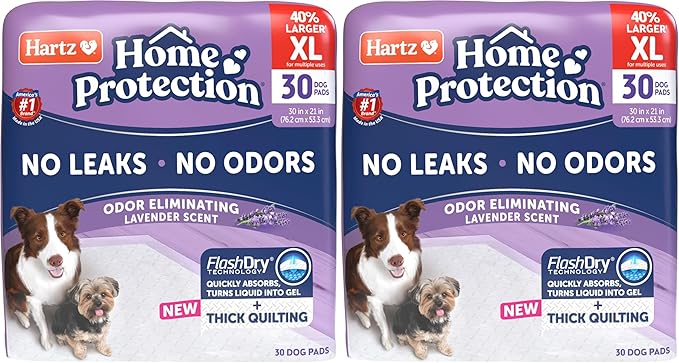 Hartz Home Protection Super Absorbent Odor Eliminating Lavender Scented No Leak Dog Pads, XL 30 Count (Pack of 2)