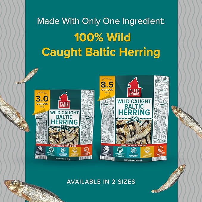 Plato Pet Treats Fish Dog Treats - Air-Dried, Single Ingredient Pet Treat - Omega 3 & 6 Fatty Acids to Support Skin and Coat - 100% Whole Fish - Wild Caught Baltic Herring - 3oz - 2 Pack