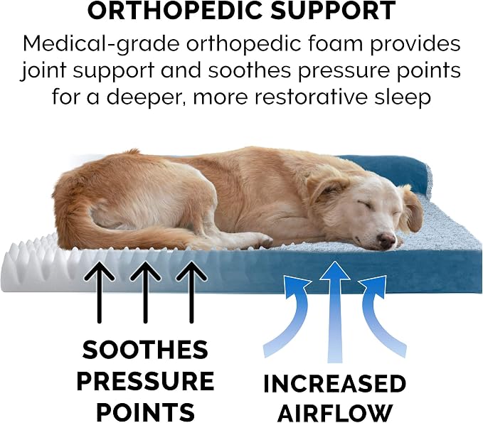 Furhaven Orthopedic Dog Bed for Large/Medium Dogs w/ Removable Bolsters & Washable Cover, For Dogs Up to 55 lbs - Two-Tone Plush Faux Fur & Suede L Shaped Chaise - Marine Blue, Large