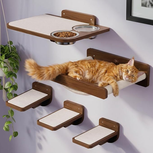 Cat Wall Shelves - Wall Mounted Cat Shelves with Feeding Station | Walnut Finish, Solid Pinewood, Beige Carpet, Supports Up to 33 lbs, Stainless Bowls, Dog-proof, Lounging, Climbing