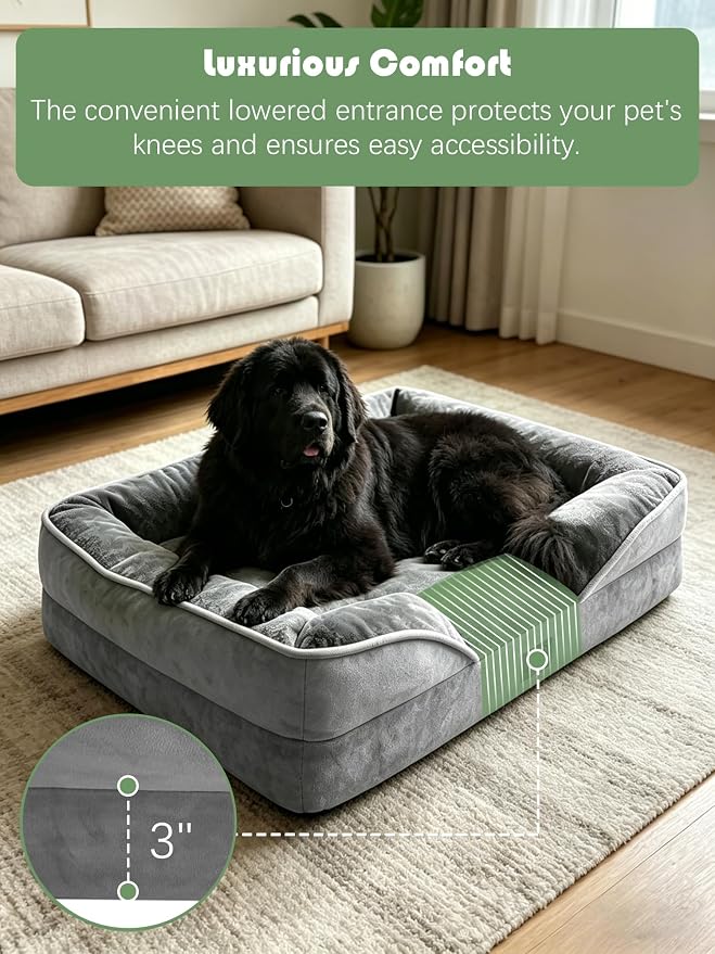 Spotted Play Orthopedic Dog Bed with Sides - Dog Sofa Beds for Extra Large Dogs, Supportive Foam Pet Couch Bed with Washable Removable Cover, Waterproof Lining and Non-Slip Bottom, Grey - XXL