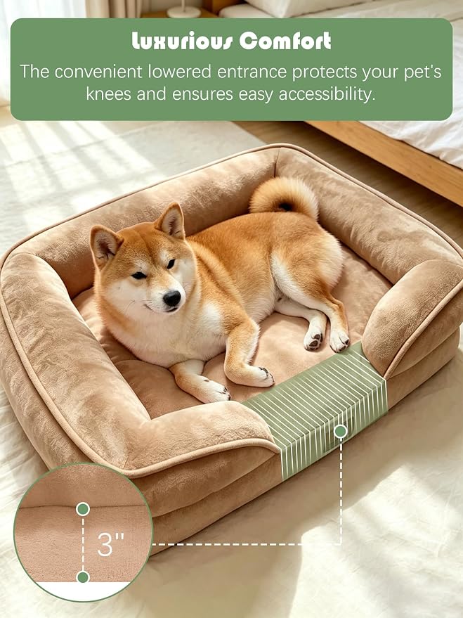 Spotted Play Orthopedic Dog Bed with Sides - Sofa Beds for Medium Dogs, Supportive Foam Pet Couch Bed with Washable Removable Cover, Waterproof Lining and Non-Slip Bottom, Brown - M