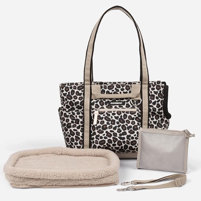 Transit Tote Dog Carrier for Small Dogs Under 8 lbs, 16x11x8 Soft-Sided 4-Pc Set with Waterproof Base, Plush Insert, Food Pouch, Mesh Head Opening - Small, Leopard