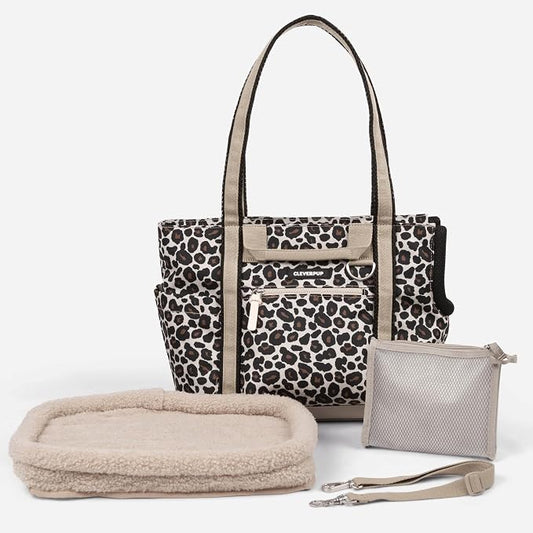 Transit Tote Dog Carrier for Small Dogs Under 8 lbs, 16x11x8 Soft-Sided 4-Pc Set with Waterproof Base, Plush Insert, Food Pouch, Mesh Head Opening - Small, Leopard
