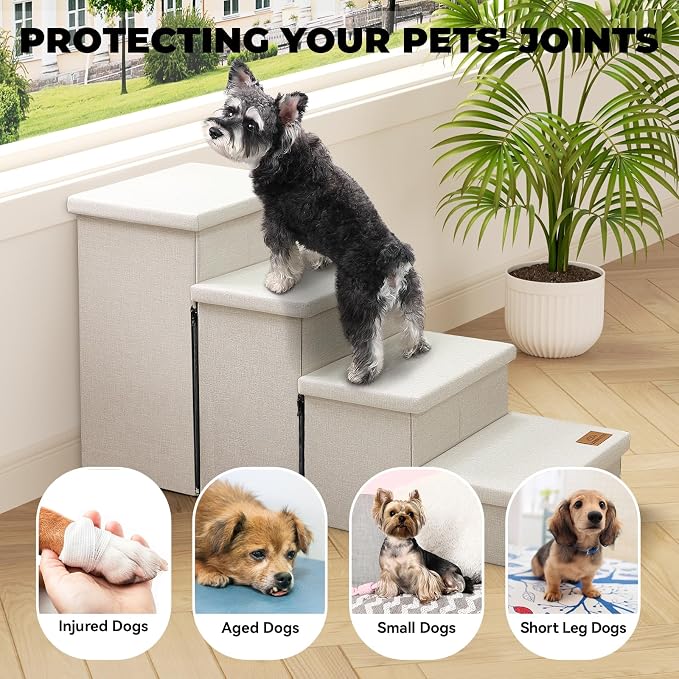 Zerbuger Dog Stairs with Storage, Beige 4 Steps Dog Ramp no Condo for Bed | 23" H Wider Dog Steps for High Beds Couch, Folding Storage Pet Stairs Gift for Climbing Small/Medium/Large Old Dogs Cats