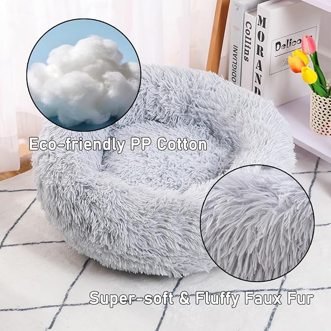 Calming Donut Dog Beds for Small Dogs Cats - Washable Removable Cover Non-Slip Bottom, Round Pet Bed Puppy Bed Warming Fluffy Faux Fur Anti-Anxiety, Fits up to 25 lbs (Light Grey, 23")