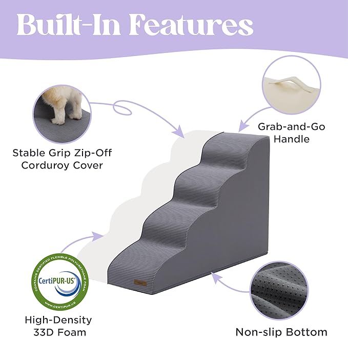 Lesure Dog Pet Stairs for High Bed, Grey, 5 Steps | Pet Steps Ramp for Small Dogs, 33D CertiPUR-US Certified Foam, Indoor and Car Use, Non-Slip Bottom, Removable Cover