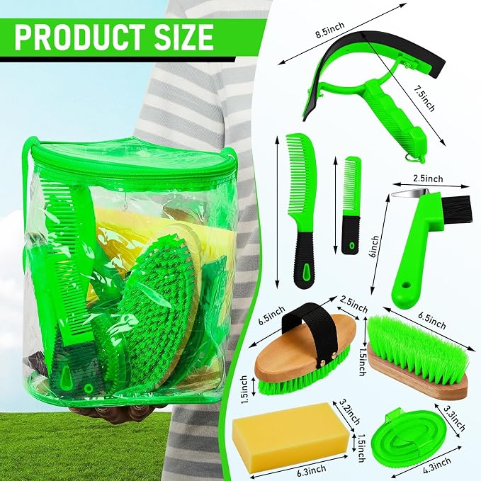Cunhill 9 Pcs Horse Grooming Kit with Bag Curry Brushes,Cute,Green | Complete Grooming Set for Horses, Hard Soft Brushes, Hoof Pick, Sweat Scraper, Sponge, Comb, Portable Tote for Stable