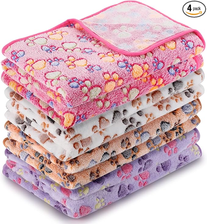 Tatuo 4 Pack Fleece Dog Blankets for Puppy Cats Multi-Size Sleep Mat for Pet Guinea Pig Soft Washable Warm Crate Bed Puppy Teething Toys Print Pattern Blanket Indoor(Mixed Color,40 x 63 Inch,Paw)
