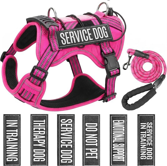 Service Dog Tactical Vest Harness and Leash Set Large Sized Dog Emotional Support- Tactical Dog Harness Training Collar with Name (Rose Red, XL)