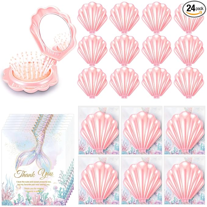 LemonRoad 24 Sets Mermaid Party Favors Shell Hair Brush with Mirror Card, Foldable Mini Travel Compact Hair Brush for Women Birthday, Bachelorette, Under The Sea, Beach Party Gifts(Pink)