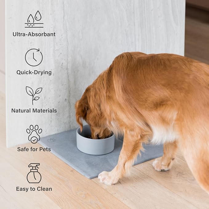 Dorai Home Ceramic Dog Bowls + Stone Drying Mat - Dog Food and Water Bowl Set with Non-Slip Base that Absorbs Spills and Drips - Made with Diatomaceous Earth for Quick Drying - 23.6" x 15.4" - Slate