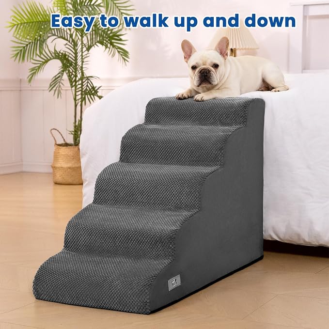 Dog Stairs for High Beds 22.4" H,5-Step Pet Ramp for Small & Medium Dogs | Airpanda Dog Steps with Washable Cover & High-Density Foam,Gentle Curved Design,Ideal for Senior & Short-Legged Dogs,Grey