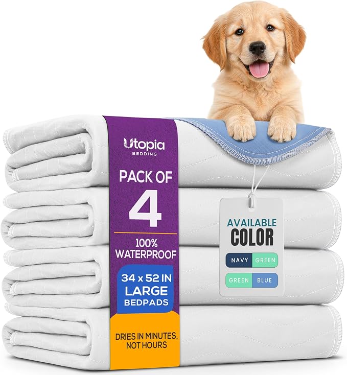 4 Pack Washable Pee Pads for Dogs 34" x 52", Waterproof Dog Training Pads | Reusable Dog Training Pads for Sofa, Incontinence Bed Pads for Adults, Elderly and Kids (White,Blue) by Utopia Bedding