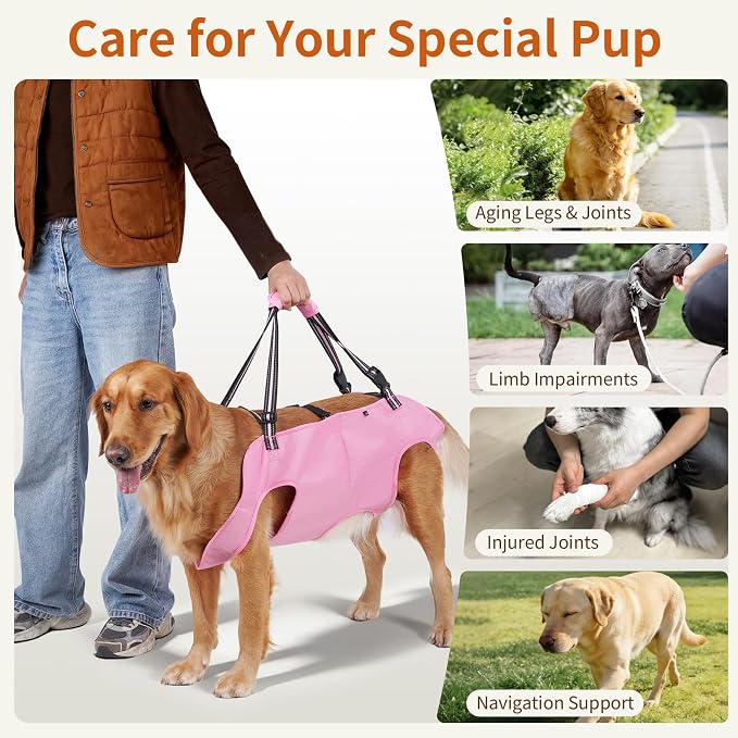 Full Body Dog Lift Harness, Support Senior & Disabled Dogs Walking | Help Up & Down Stairs Grooming, Dog Sling Backpack, Front Hind Leg Joint Injuries, Reflective, Soft Padded Handle | Pink, S