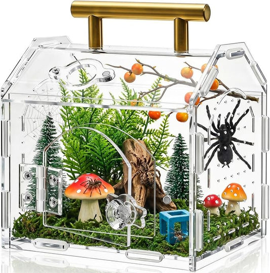 Tlence Jumping Spider Enclosure with Handle, Acrylic Reptile Habitat with One-Click Magnetic Closure, Front Opening Small Terrarium with Ventilation Holes for Tarantulas, Frogs, Gecko, Mantis