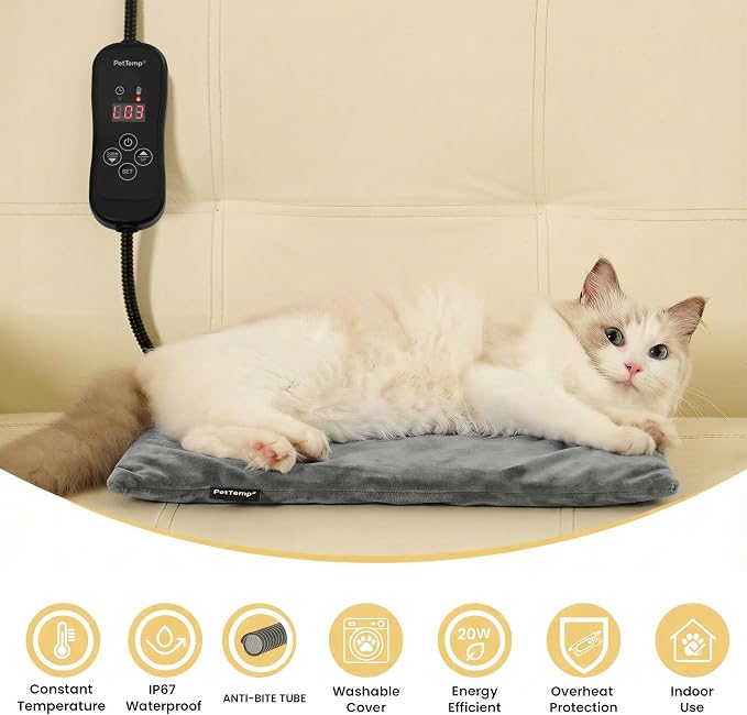Cat Heating Pad, Heated Cat Bed with 5 Heat Levels, Timer & Auto Shut-Off, Waterproof Warmer with Thick Fleece Cover, Chew-Resistant Cord, for Indoor & Sheltered Outdoor Use (Gray, Small)