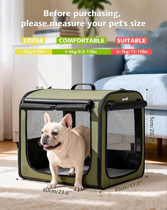Dog Car Carrier Light Weight 24×17.7×20.5in, Foldable Dog Carrier, Green | Easy to Assemble, Portable and Breathable Pet Carrier, Suitable for Indoor and Outdoor Use, Dog Travel Crate with Curtain