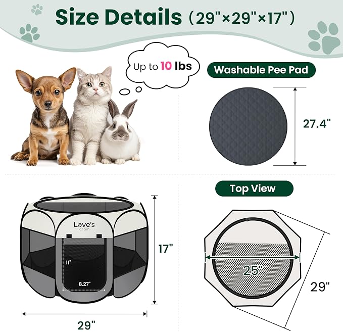 Love's cabin Dog Playpen with Washable Pee Pad, Puppy Pet Cat Playpen Small Dogs Tent Crate Indoor/Outdoor, Portable Pop Up Kennel with Carrying Case for Cats/Rabbits(Grey,Small with pad)