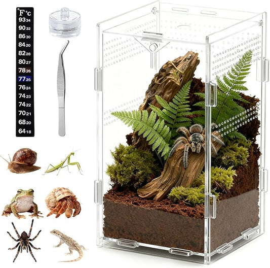 Acrylic Jumping Spider Enclosure, Small Reptile Insect Terrarium, Spider Tank with Magnetic Door & All-Side Vent, Pre-Assembled Habitat for Spiderling, Mantis, Tarantula, Snail 7.8" * 4.7" * 4.7