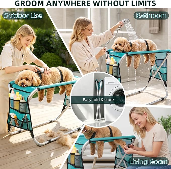 Dog Grooming Hammock with Stand, Dog Grooming Table for Senior Dogs Bath | 50 lbs Capacity, Ground Support Design, Heavy-Duty Aluminum Frame, Breathable Washable Mesh, Foldable Storage, Turquoise