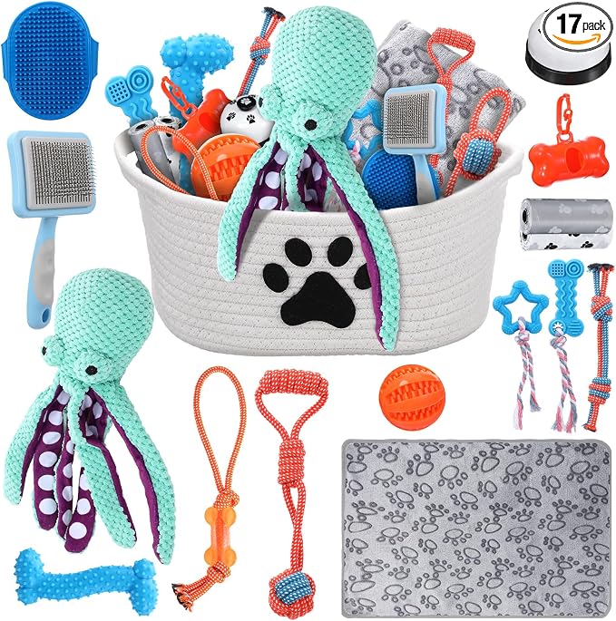 Zopeal 17 Pcs Summer Puppy Gift Set, Dog Toy & Essentials Bundle with Chew Toys, Poop Bag Dispenser, Grooming Brush, Training Bell, Blanket & Rope Basket(White,Octopus)