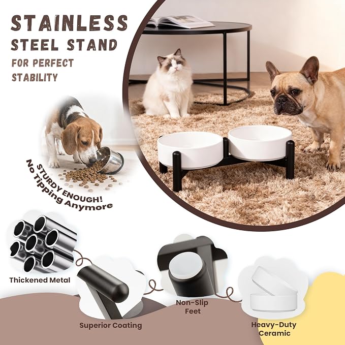 Raised Ceramic Dog Bowl Set with Stand, 2.1 Cups Elevated Dog Food Stand | 6'' Double Dog Food and Water Bowl Set, Non-Slip Dog Feeding Dishes for Small Breeds and Cats, 14 OZ, White