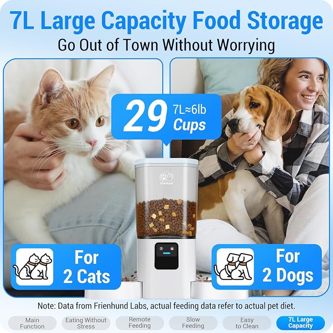 Frienhund 5G WiFi Automatic Cat Feeder 2 Cats: Dual Automatic Dog Feeder with APP Control, Cat Food Dispenser for Multiple Pets, Detachable for Easy Clean, 7L Large Food Storage -29 Cup (ACF190W-C)