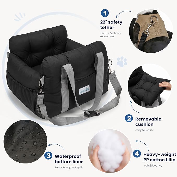 Small Dog Car Seat Cute Puppy Carrier Dog Bed w/Waterproof Bottom | Booster Console Car Seat with Safety Leash, Cozy Pet Car Bag for Travel with 3 Pockets and Adjustable Buckles
