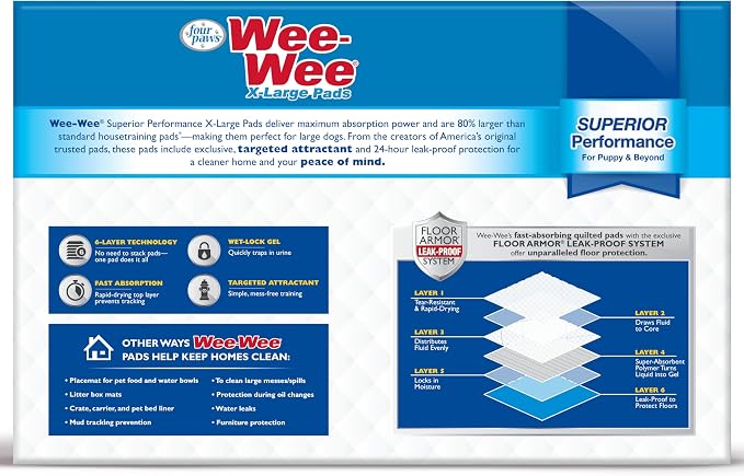 Four Paws Wee-Wee Superior Performance X-Large Dog Pee Pads, 150 Count | Puppy & dog potty training pads, housebreaking supplies, xl puppy pads, pet supplies, 24-hour floor protection, 28" x 34"