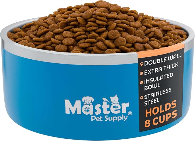 Master Pet Supply Stainless Steel Dog Bowls - 64 oz, Heavy Duty - True Blue, Double Wall Extra-Thick Insulated, Non-Slip Pet Water Bowl for Dogs, Cats & Pets, Anti Rust Metal, Dish Washer Safe