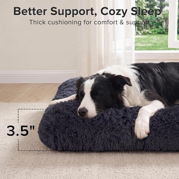 JOEJOY Large Dog Bed Crate Pad, Deluxe Plush Washable Dog Beds Fulffy Soft Kennel Pad Anti-Slip Pet Sleeping Mat for Large Medium Small Dogs, 35" x 23", Dark Grey