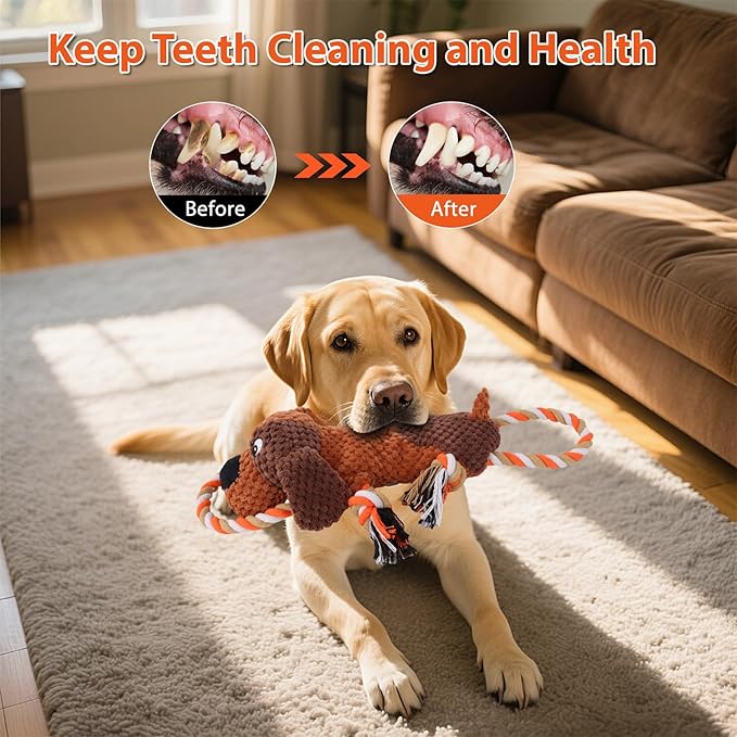 Drmstow Plush Dog Toys with Rope, Squeaker & Crinkle Paper – Interactive Squeaky Chew Toy for Large Dogs & Puppies – Tough Pet Toy for Tug of War, Fetch & Dental Exercise