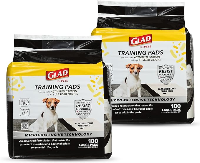 Glad for Pets Activated Carbon Puppy Training Pads with Anti-Microbial Technology, Odor Control Pee Mats for Dogs, 6-Layer Leak-Proof Heavy Duty Indoor Potty Pads, 23 x 23 Inches, 100 Count - 2 Pack