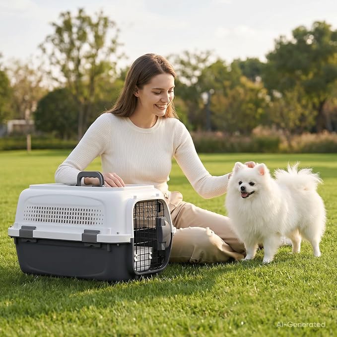 Magshion 18 Inch Hard-Sided Dog Cat Carrier, Grey | Top&Front Door Access, Plastic Dog Kennel for Traveling, Durable Handle, Ventilation, Detachable Pet Bowl, For Pet Up 20 lbs