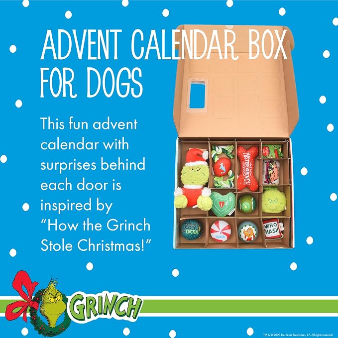 Dr. Seuss for Pets How the Grinch Stole Christmas Dog Advent Calendar with 12 Surprise Toys and Accessories, Dog Stocking Stuffers, Dog Christmas Gifts, Christmas Gifts for Dogs | Officially licensed holiday countdown calendar, includes treats and toys...
