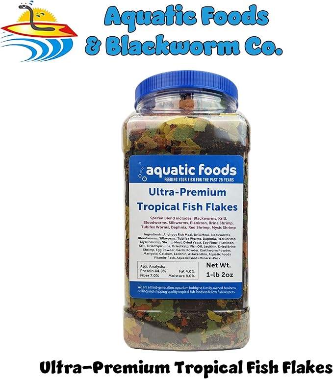Aquatic Foods Inc. Ultra Premium Tropical 8-Type Flake Mix for Discus, Cichlids, Tetras, Guppies, Live Bearers, Bettas, for All Community Tropical Fish…AF 1-lb 2oz Jar